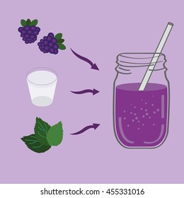 Blackberry Smoothie Recipe. Doodle Style. Cartoon To Go Cup With Different Fruits Smoothies Cocktail. Natural Bio Drink, Healthy Organic Food. Vector Illustration In Flat Style