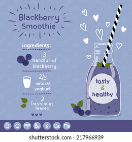 Blackberry smoothie recipe. With illustration of ingredients and vitamin. Doodle style