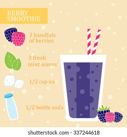 Blackberry smoothie recipe. Menu element for cafe or restaurant with energetic fresh drink made in flat style. Fresh juice for healthy life. Organic raw shake. Vector illustration.