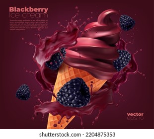 Blackberry soft ice cream cone with splash, vector realistic ad with berry flavor splashing. Blackberry ice cream or sorbet in wafer cone with berries flow wave and drops splatter, iecream advertising