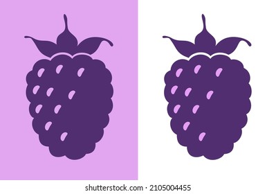 Blackberry. Dos siluetas vectoriales de bayas moradas aisladas en fondo lila y blanco.