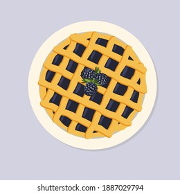 Pastel de Blackberry con la mano dibujado por la mano, vista de la parte superior de la capa plana