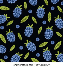 Blackberry vector pattern on black background. Design artistic doodle element for card, print, template, wallpaper, texture. Vector illustration.