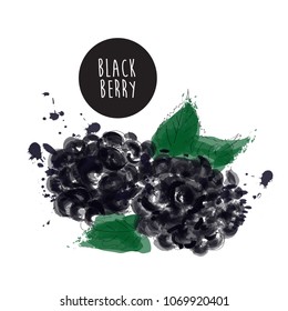 blackberry watercolor painting. vector hand drawn illustration with scatter and splashes. garden forrest fruit. 