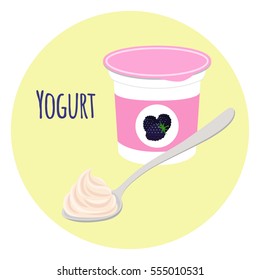 Blackberry yogurt healthy cream milk product in plastic container with spoon. Flat vector style