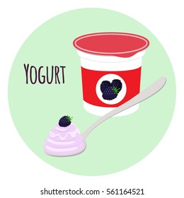 Blackberry yogurt in plastic cup. Milk cream product in flat vector style.