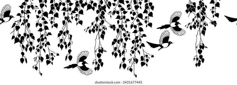 
Black-billed magpies and silhouettes of birch branches with leaves. Vector border seamless pattern.
