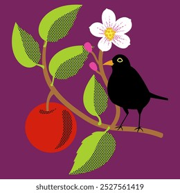 blackbird with apple and flower