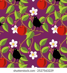 blackbird with apples and flowers