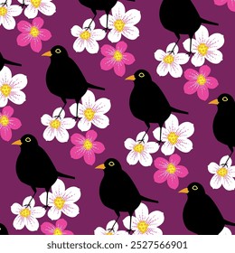 blackbird with flowers on purple background