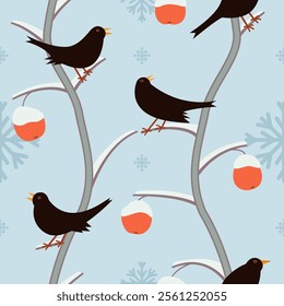 Blackbird on apple tree with snow-covered red apples and snowflakes in the background. Seamless pattern. Surface design, Winter illustration. Trendy flat vector illustration. Hand-drawn 100 % vector.