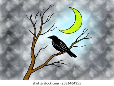 A blackbird sitting on a tree at night under a moon illustration drawing.