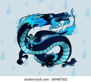 Black-blue Asian water dragon against water drops