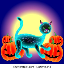 Black-blue cat, pumpkins on the background of the moon. Halloween.