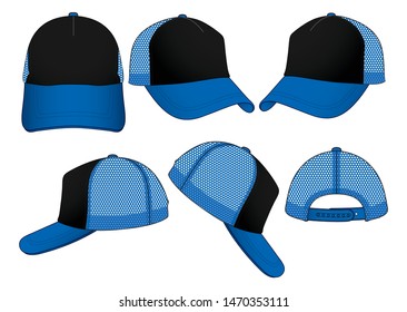 Black-Blue Trucker Baseball Cap  With Mesh at Side and Back Panel, Adjustable Snap Back Strap Closure Design on White Background.