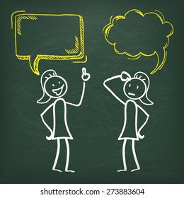 Blackboard with 2 female stickmen and speech bubbles. Eps 10 vector file.