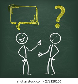 Blackboard with 2 stickme, speech bubble and yellow question mark. Eps 10 vector file.