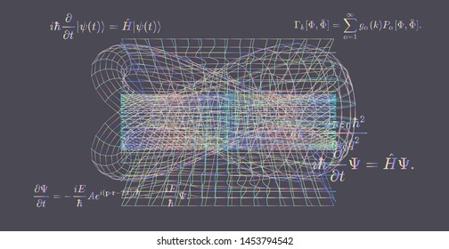 Blackboard with 3d shapes and fundamental Quantum Mechanics formulas: Schrodinger equation,  quantum field theory, ect. Conceptual illustration of quantum field fluctuations. Vector illustration.