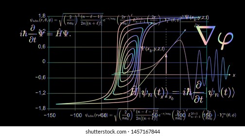 Blackboard with 3d shapes and fundamental Quantum Mechanics formulas: Schrodinger equation,  quantum field theory, ect. Conceptual illustration of quantum field fluctuations. Vector illustration.