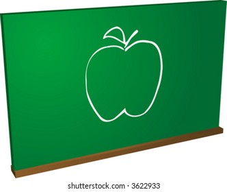 Una pizarra con una manzana sobre ella