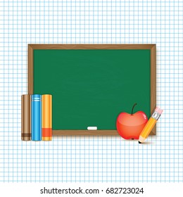 Blackboard with apple,books,pencil and chalk on the background of notebook sheet .Back to School banner