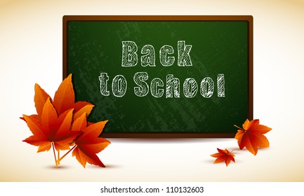 Blackboard with autumn maple leaves. Vector illustration. Part of set.