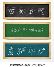 Blackboard "back to school" banners. Vector illustration. Isolated on white.