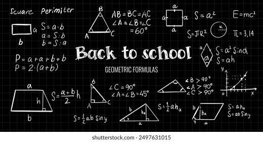 Pizarra, vuelta a la escuela, fórmulas geométricas, educación, dibujado a mano, garabato, carbón, tiza, Ilustración vectorial