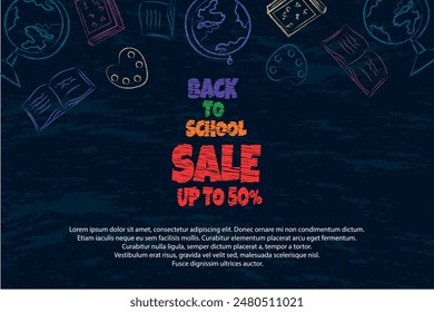 Blackboard back to school sale banner with coloring icons