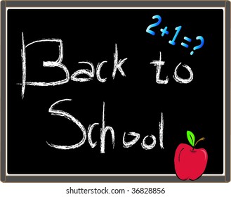 Blackboard with 'Back to School' writing, addition and apple vector