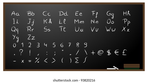 Blackboard background with alphabet, numbers and signs in chalk. Each can selected separately to make your own sentence. Eps10 vector