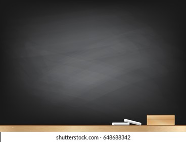 Blackboard background, chalk and blackboard eraser, rubbed out dirty chalkboard, vector illustration