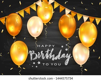 Blackboard background with chalk lettering Happy Birthday. Holiday balloons, pennants and confetti. Can be used for cards, greetings, banners, illustration. 