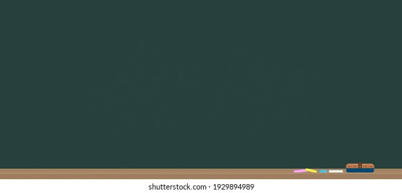 Blackboard background with chalks, chalkboard eraser.  Chalkdust and Woodgrain textured. Wide size cute School Supplies vector illustration.