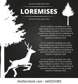 Blackboard background with deer and tree - chalkboard wild nature poster. Vector illustration