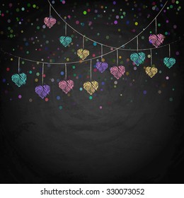 Blackboard background with drawing bunting hearts. Vector texture EPS10