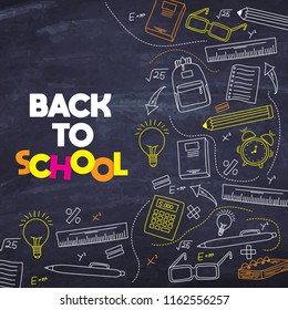 Blackboard background with drawings doodle, school elements item for design