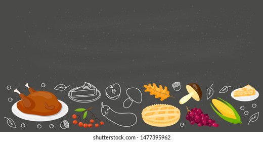 Blackboard background with outline, colorful doodle Thanksgiving icons and space for text.