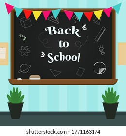 Blackboard  background with school supplies and Back to School text . vector illustration.