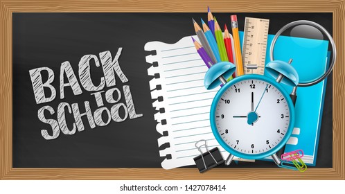 Blackboard background with wooden frames. Back to school concept with study supplies. Design for advertisement, magazine, website. 3d realistic vector illustration