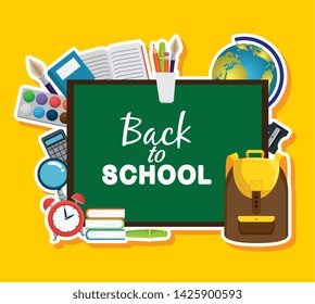 blackboard with backpack and books with global map