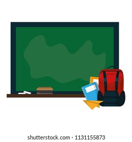 blackboard with backpack and notebooks paper