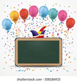 Blackboard with baloons, confetti and jesters cap. Eps 10 vector file.