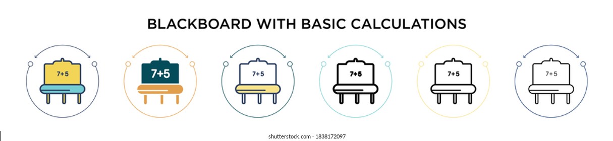 Blackboard with basic calculations icon in filled, thin line, outline and stroke style. Vector illustration of two colored and black blackboard with basic calculations vector icons designs can be