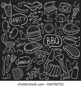 Blackboard BBQ Barbecue Day Doodle Icons Hand Made vector.