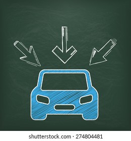 Blackboard with blue car and 3 arrows. Eps 10 vector file.