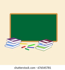 blackboard, books, a few pencils and markers. vector illustration.