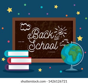 blackboard with books and global map with stars and points