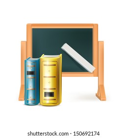 blackboard and books isolated on white background