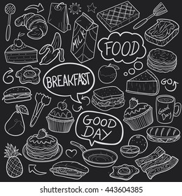 Blackboard Brekfast Food Sweets Happy Day Doodle Icon Hand Made vector Illustration sketch.